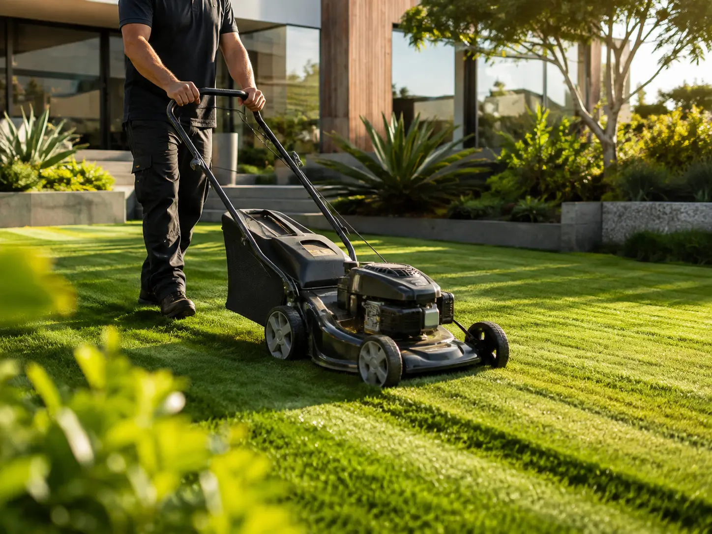 Professional lawn mowing at a well-kept Auckland property